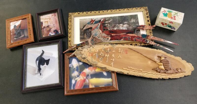 Framed Photos, Asian Wood Carving, and Vintage Recipe Box