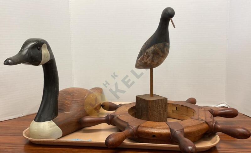 Carved Wood Birds and Ship Steering Wheel