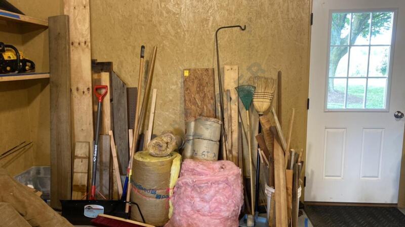 Steel Snow Shovel, Brooms, Insulation, Variety of Wood Pieces, and More