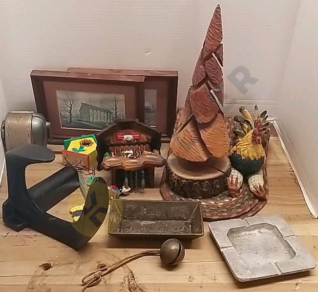 Cobbler Anvil, Aluminium Ash Tray, Brass "Bausman-O" Mold, Small Cuckoo Clock, and More