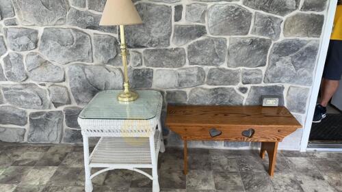 Ploy Wicker Side Table, Bench, and Lamp