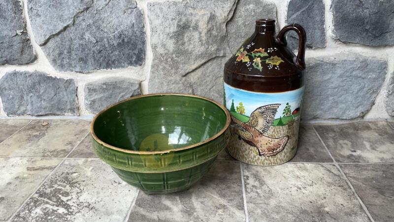 Nelson McCoy Stoneware Mixing Bowl and Hainpainted Jug