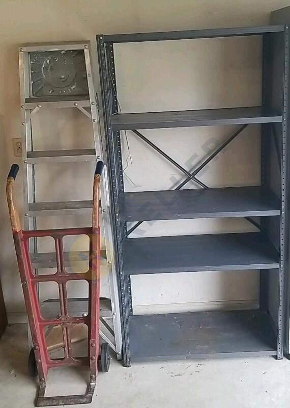Vintage Hand Truck Cart, 6' Aluminum Step Ladder, and Metal Storage Shelf