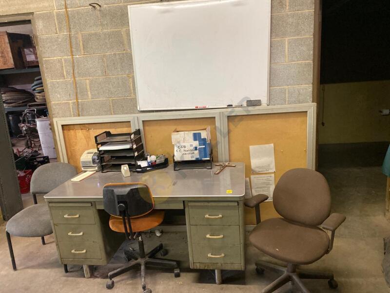 Time Clock, Desk, Office Table With Storage, Davson Bulletin Board Case, Chairs, Whiteboard, and More