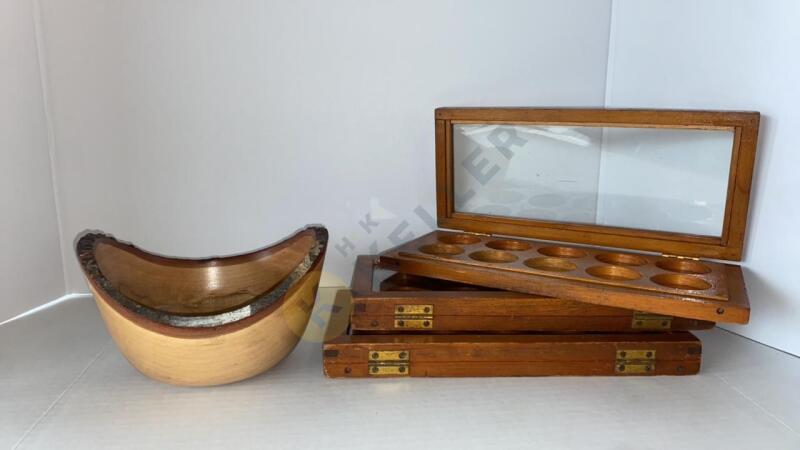 Live Edge Maple Wood Handmade Bowl and Wood and Glass Hinged Display Cases