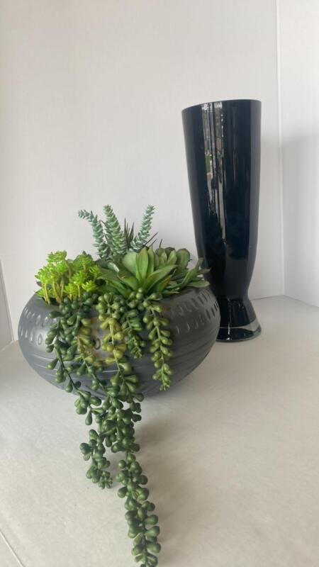 3 Layered Glass Vase and Faux Succulent Arrangement in Ceramic Pot