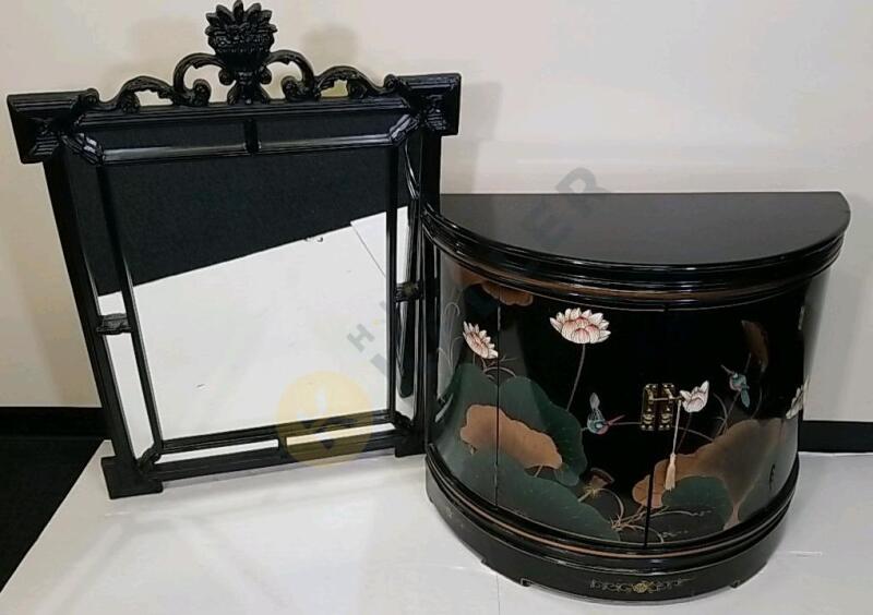 Vintage Oriental Painted Semi Circle Console Cabinet and Mirror