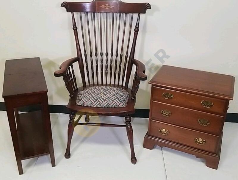 Windsor Style Wood Chair, Narrow Side Table with Storage, and Chest of Drawer Nightstand