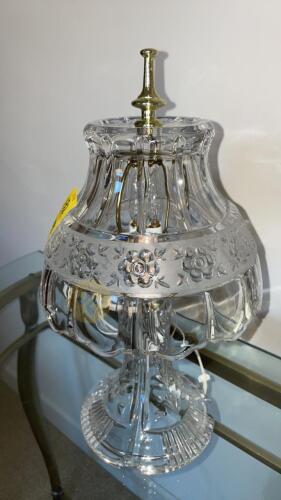 Cut Glass Lamp, Pitcher, and Embroidered Linens