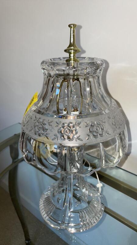 Cut Glass Lamp, Pitcher, and Embroidered Linens