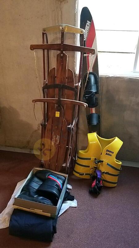 2 Vintage Runner Sleds, Waterski, Snowpants, Moon Boots, and Life Vest