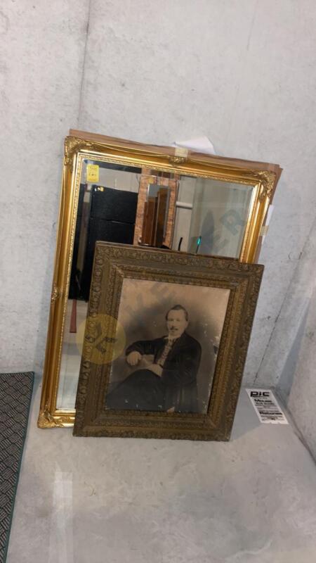 Gold Frame Mirror and Antique Picture with Wooden Frame