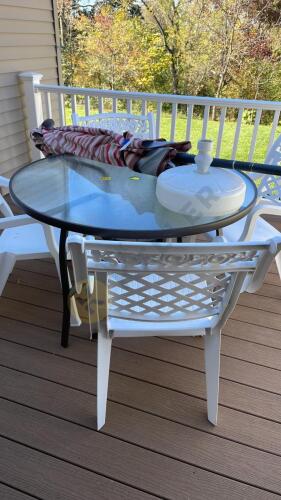 Round Outdoor Glass Top Table, Chairs, and Umbrella