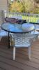 Round Outdoor Glass Top Table, Chairs, and Umbrella