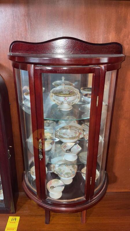 3 Miniature Wood and Glass Display Cabinets and Miniature China