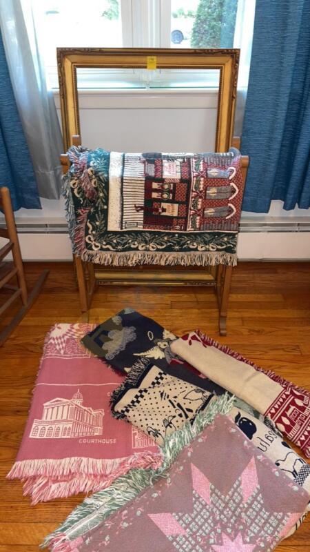 Ornate Wooden Quilt Rack, Blankets, and Wood Frame