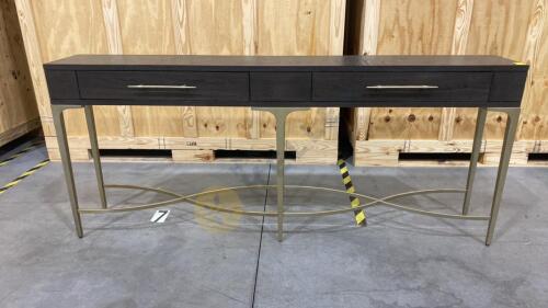 Soliloquy Console Table in Brown Wood Finish and Antique Brass Metal Base