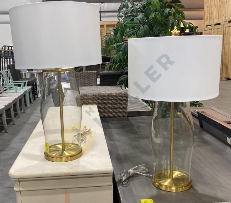 Pair of Ralph Lauren Glass Cylinder and Brass Table Lamps