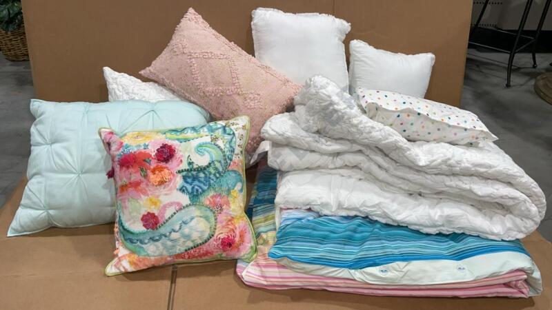 Assorted Pillows, Duvet, Comforter, and Bedskirt