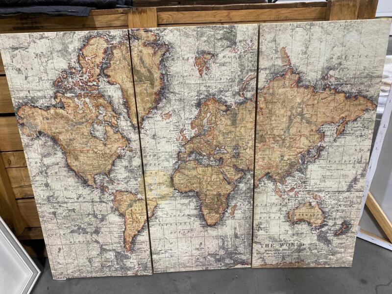 3 Piece Set World Map on Stetched Canvas