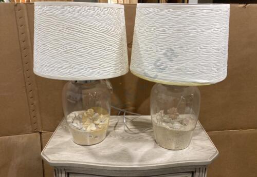 Set of Sand and Seashell Filled Glass Cylinder Lamps