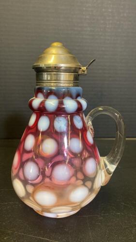 Early 20th Century Hobbs Brockunier Cranberry Coin Dot Glass Syrup Pitcher