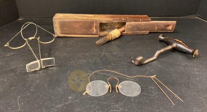 Vintage Loupes, Tooth Extractor, Ladies Spectacles, And Brush With Wood Case