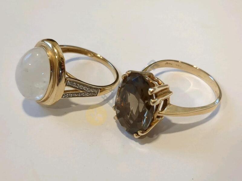 14K Gold Rings with Moonstone, Smoky Quartz, and Small Diamonds