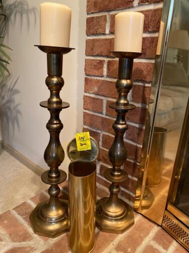 Pair of Brass Candlesticks and Ash or Match Holder