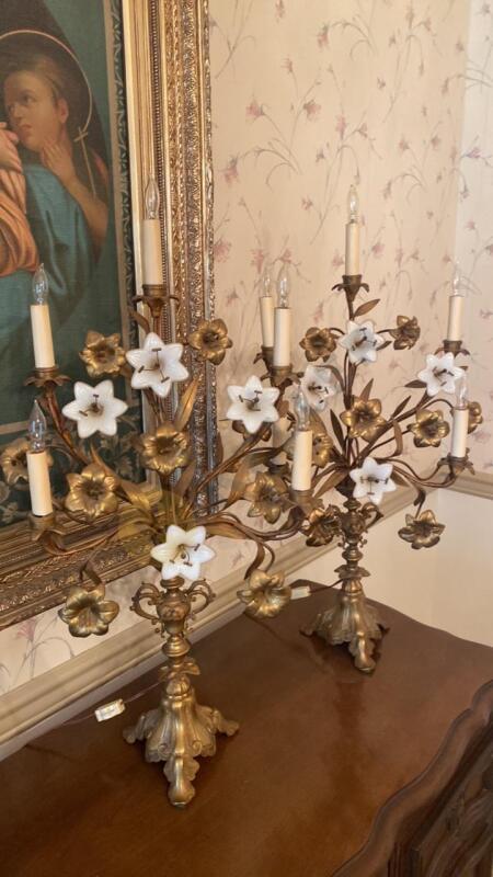 19th Century Pair of Brass Electric Candelabras With Milk Glass Lily Blossoms