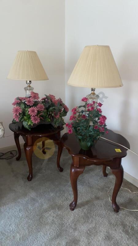 Queen Ann Style Side Tables, Glass Vase, Pair of Lamps, and Faux Floral