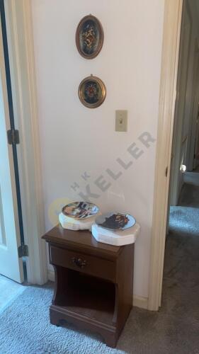 Side Table with Drawer, Collector Plates, and Framed Prints