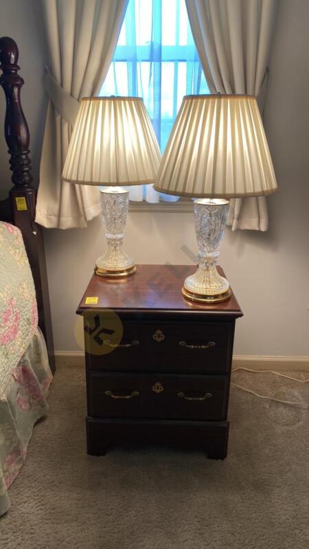 Side Table with Drawers, Contents, and Pair of Glass Lamps