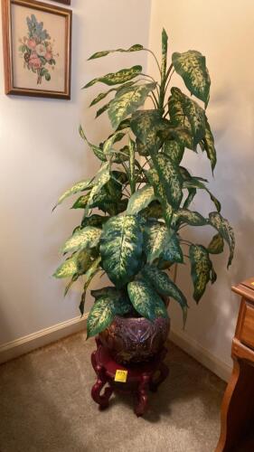 Ceramic Potted Faux Plant on Wooden Stand