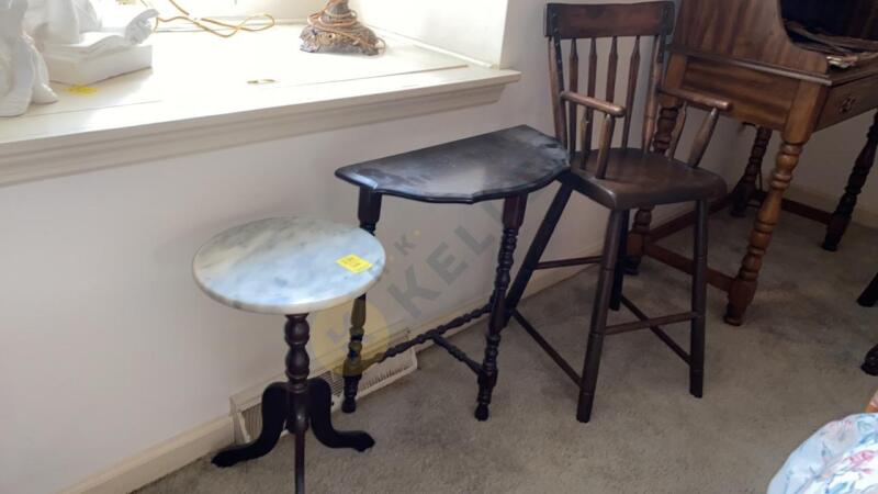 Marble Top Accent Table, Vintage Wooden High Chair, and 3 Leg Half Moon Table