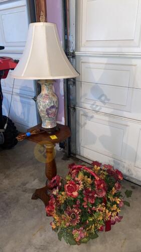 Ceramic Lamp, Wooden Stand, and Artificial Flower Basket