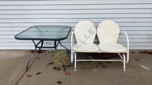 Metal Glider and Glass Top Outdoor Table