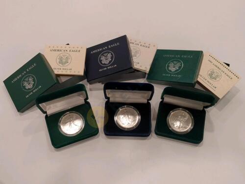 1992, 1993, and 1995 American Eagle Uncirculated Silver Dollar Coins