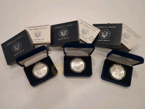 2000, 2001, and 2002 American Eagle Uncirculated Silver Dollar Coins