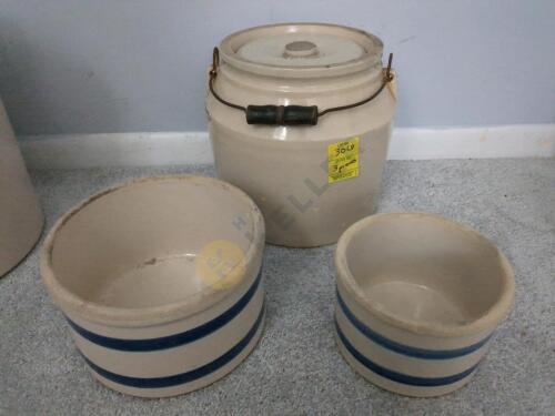 Crock with Lid and Handle, and 2 Blue Stripe Crocks